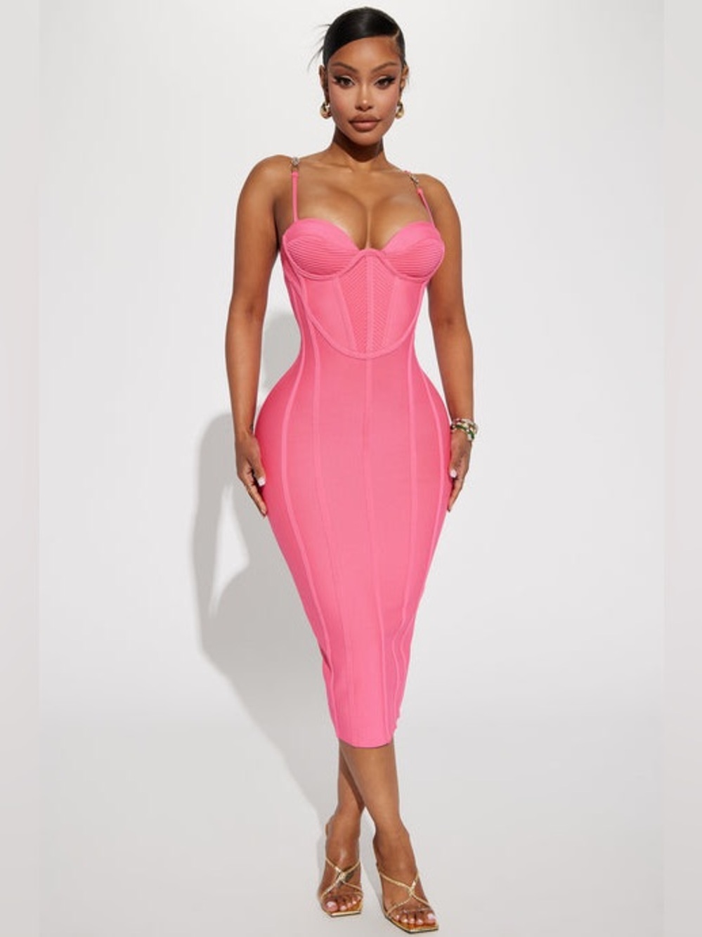 Fashion Nova Victoria Hot Pink Bandage Corset Midi Dress – Size S NWT